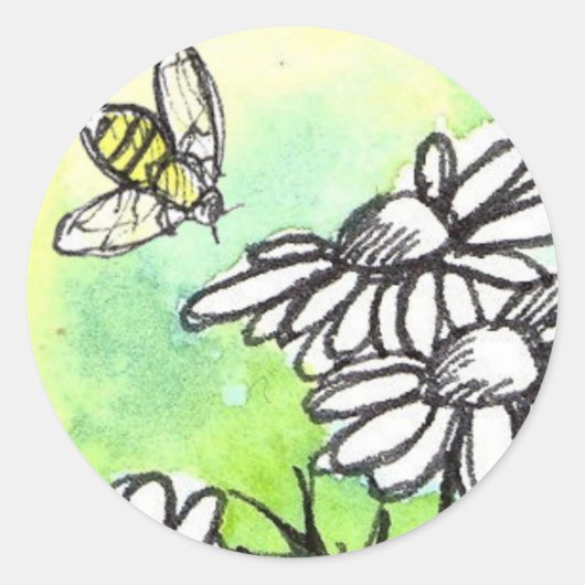 Chamomile Blume Honey Bee Watercolor Lime Green Runder Aufkleber (Vorderseite)