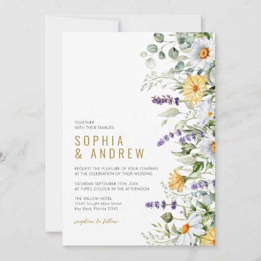 Chamomile & Eukalyptus-Wildblumen Hochzeiten Einladung (Vorderseite)