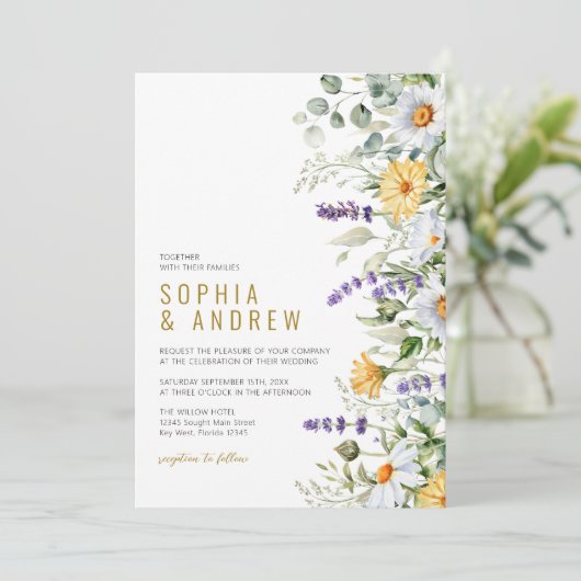 Chamomile & Eukalyptus-Wildblumen Hochzeiten Einladung (Stehend Vorderseite)