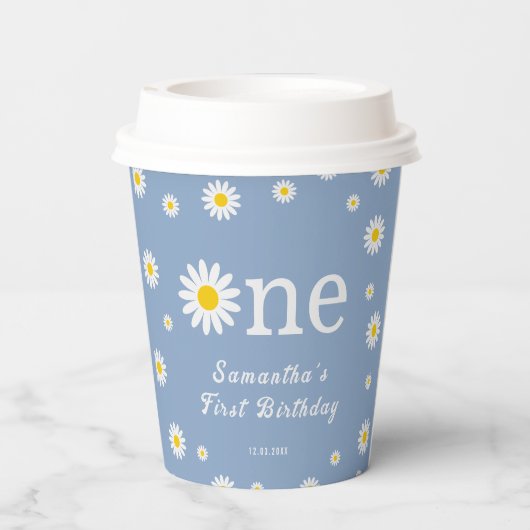 Chamomile Niedlich Daisy Blue First Birthday Party Pappbecher (Rückseite)