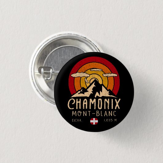 Chamonix France Retro Sunset Skiing Souvenirs 80er Button (Vorne & Hinten)
