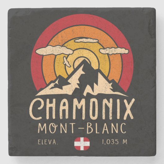 Chamonix France Retro Sunset Skiing Souvenirs 80er Steinuntersetzer (Vorderseite)