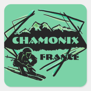 Chamonix Frankreich - Logo für grüne Skier Quadratischer Aufkleber