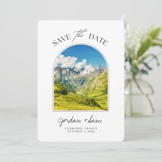 Chamonix Französische Alpen Hochzeit retten Datum Einladung (Stehend Vorderseite)