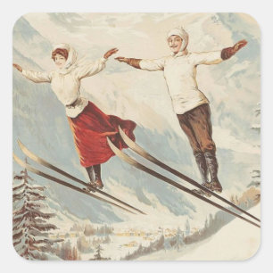 Chamonix Mont Blanc Vintage Französischer Skifahre Quadratischer Aufkleber