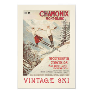 Chamonix Mont Blanc Vintage französisches Skifahre Fotodruck