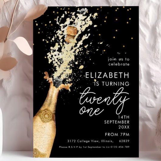 Champagne 21. Geburtstag Schwarze Gold Einladung
