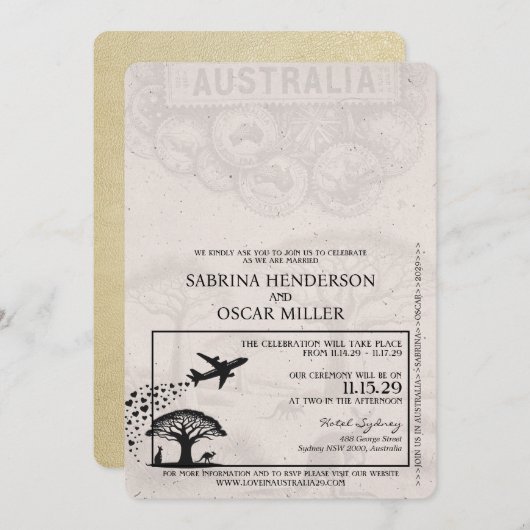 Champagne Australia Passport Wedding Einladung (Vorne/Hinten)