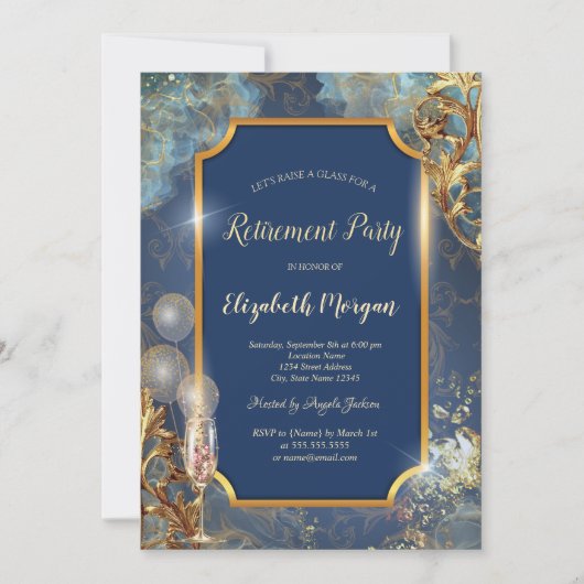 Champagne Balloons Retro-Gold-Frame-Rente Einladung (Vorderseite)