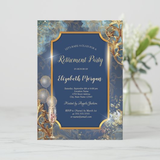 Champagne Balloons Retro-Gold-Frame-Rente Einladung (Stehend Vorderseite)