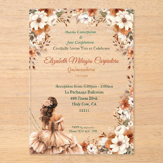 Champagne Beige Boho Quinceañera Acryleinladungen