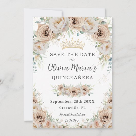 Champagne Beige Cream Gold Floral Quinceañera Save The Date (Vorderseite)