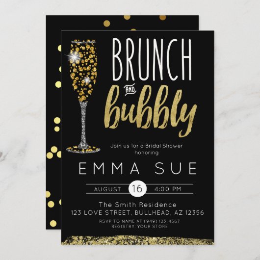 Champagne Black Gold Brunch & Bubbly Brautparty Einladung (Vorne/Hinten)