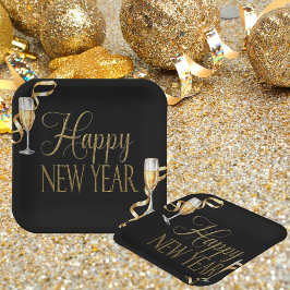 Champagne Black & Gold Silvester Party Pappteller