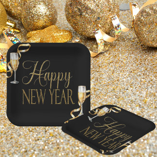 Champagne Black & Gold Silvester Party Pappteller