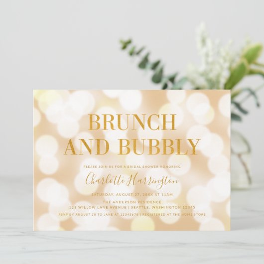 Champagne Bokeh Brunch und Bubbly Brautparty Einladung (Stehend Vorderseite)
