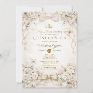 Champagne Bow Floral Quinceañera Princess Einladung