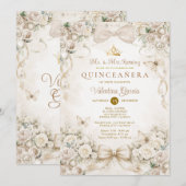 Champagne Bow Floral Quinceañera Princess Einladung (Vorne/Hinten)