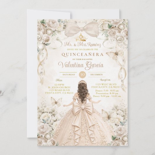 Champagne Bow Floral Quinceañera Princess Einladung (Vorderseite)