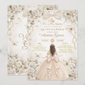 Champagne Bow Floral Quinceañera Princess Einladung (Vorne/Hinten)