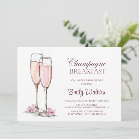 Champagne Breakfast Brautparty Einladung (Stehend Vorderseite)