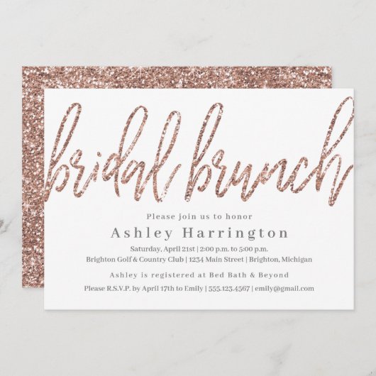 Champagne Bridal Brunch Einladung mit Glitzer (Vorne/Hinten)
