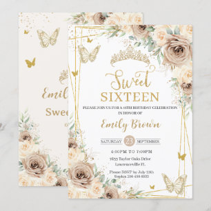 Champagne Brown Floral Butterfells 16 . Geburtstag Einladung