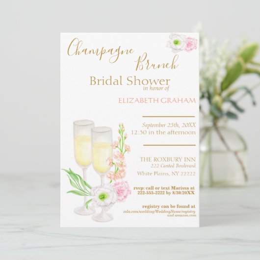 Champagne Brunch Bridal Dusche Einladung (Stehend Vorderseite)