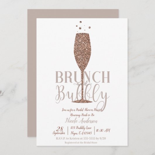 Champagne Brunch Bubbly Brautparty Brunch Einladung (Vorne/Hinten)