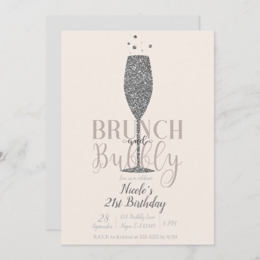 Champagne Brunch & Bubbly Silver Glitzer Geburtsta Einladung (Vorne/Hinten)