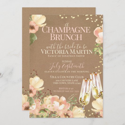 Champagne Brunch Sparkle Brautparty Einladung (Vorne/Hinten)