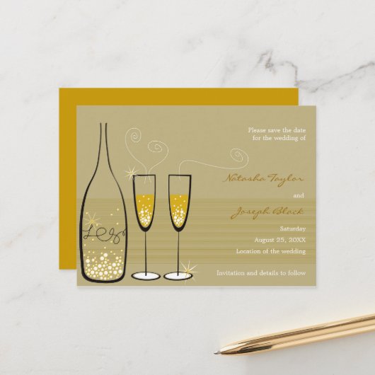 Champagne Bubbles Celebration Save the Date Ankündigungspostkarte (Vorderseite/Rückseite Beispiel)
