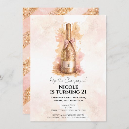 Champagne Bubbly & Gold Glitter 21 21ST Birthday  Einladung (Vorne/Hinten)