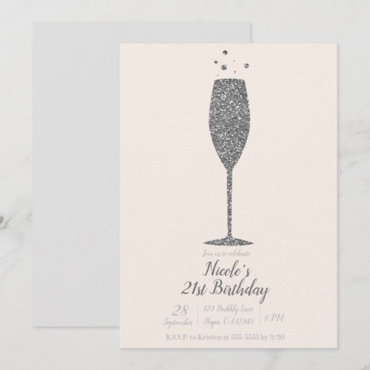 Champagne Bubbly Silver Glitzer Geburtstagsparty Einladung (Vorne/Hinten)