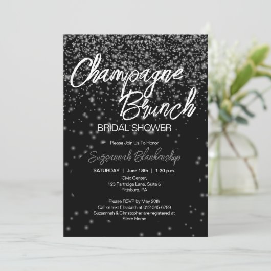 Champagne Champagne Brunch Brautparty Silver Bokeh Einladung (Stehend Vorderseite)