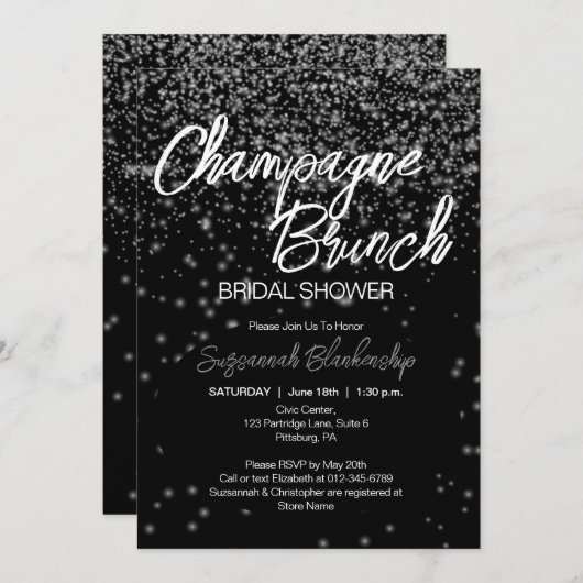 Champagne Champagne Brunch Brautparty Silver Bokeh Einladung (Vorne/Hinten)