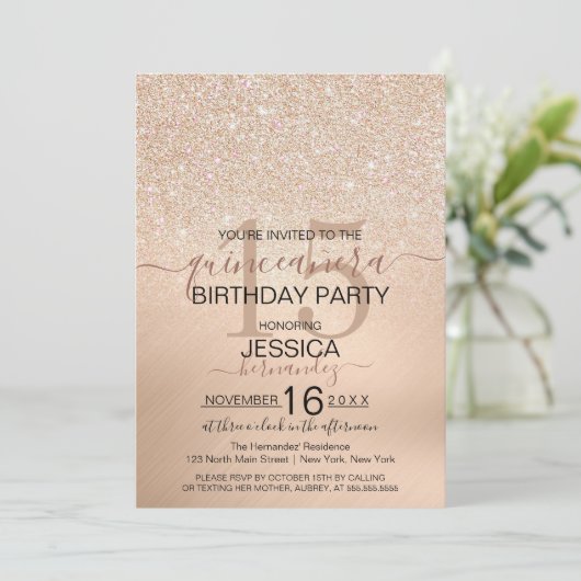 Champagne Champagne Gold Glitzer Metallic Quinceañ Einladung (Stehend Vorderseite)