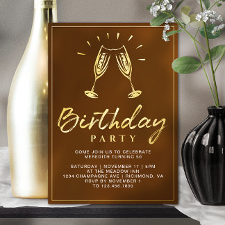 Champagne Cheers Burnt Orange Rust & Gold Geburtst Folieneinladung