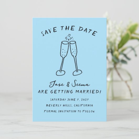 Champagne Cheers Handgezeichnet Niedlich Custom Save The Date (Stehend Vorderseite)
