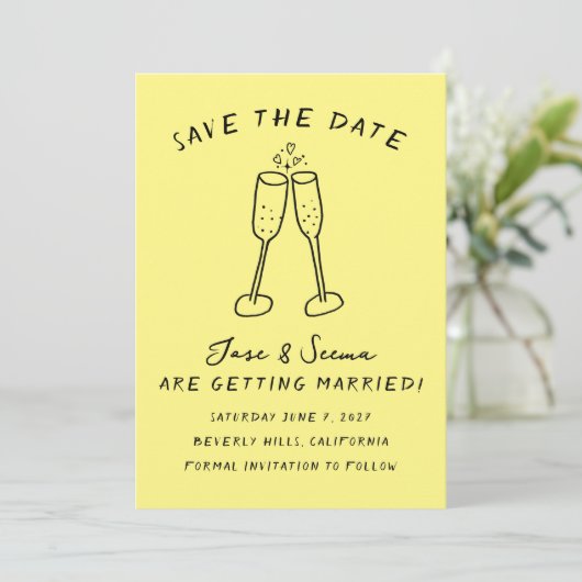 Champagne Cheers Handgezeichnet Niedlich Custom Save The Date (Stehend Vorderseite)