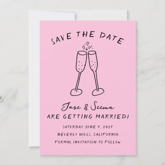 Champagne Cheers Handgezeichnet Niedlich Custom Save The Date (Vorderseite)