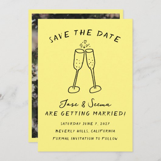 Champagne Cheers Handgezeichnetes FOTO Save The Date (Vorne/Hinten)