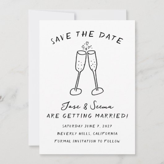 Champagne Cheers Handgezeichnetes FOTO Save The Date (Vorderseite)
