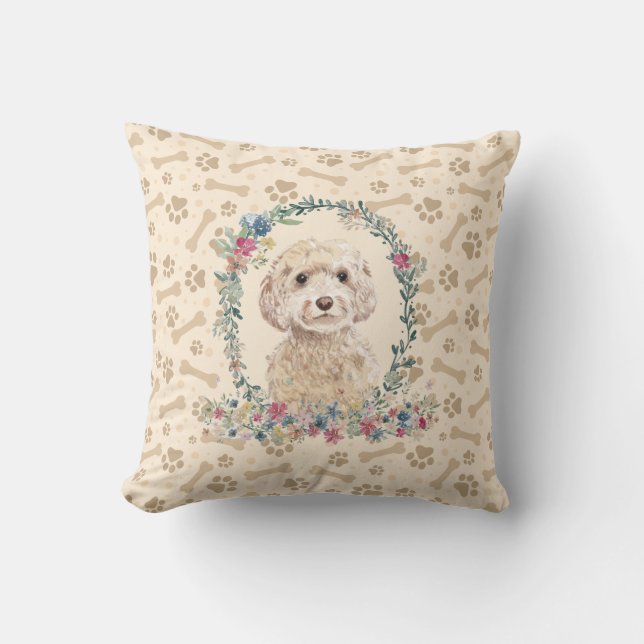 Champagne Cockapoo Dog Paw Print & Floral Niedlich Kissen (Vorderseite)