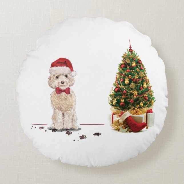 Champagne Cockapoo Funny Christmas Dog mit Tree Rundes Kissen (Vorderseite)