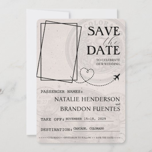 Champagne Colorado Passport Save the Date (Rückseite)