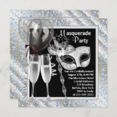 Champagne Confetti Black and Blue Masquerade Party Einladung (Vorne/Hinten)