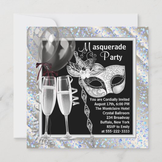 Champagne Confetti Black and Blue Masquerade Party Einladung (Vorderseite)