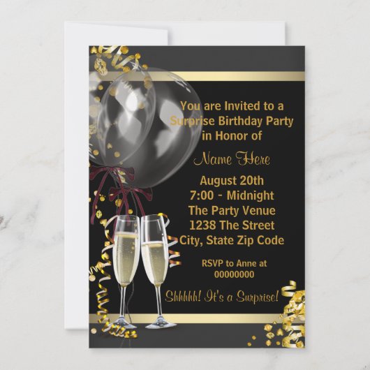 Champagne Confetti Black Gold Überraschung Party Einladung (Rückseite)