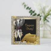 Champagne Confetti Black Gold Überraschung Party Einladung (Stehend Vorderseite)